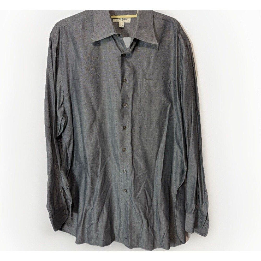John W‎ Nordstrom Shirt Mens 16.5 36 Gray Herringbone Italian Cotton Button Up